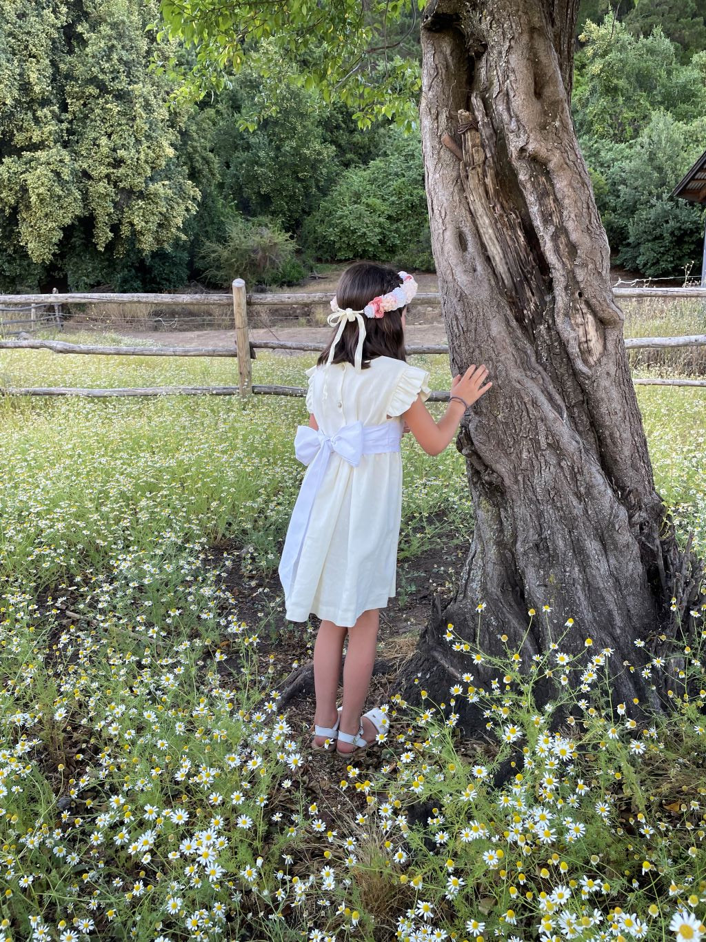 Vestido Lino Blanco Mantequilla Lazo Blanco