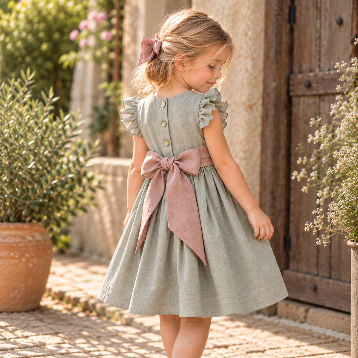 Vestido Clara Gris Lazo Palo Rosa - Manga Vuelos