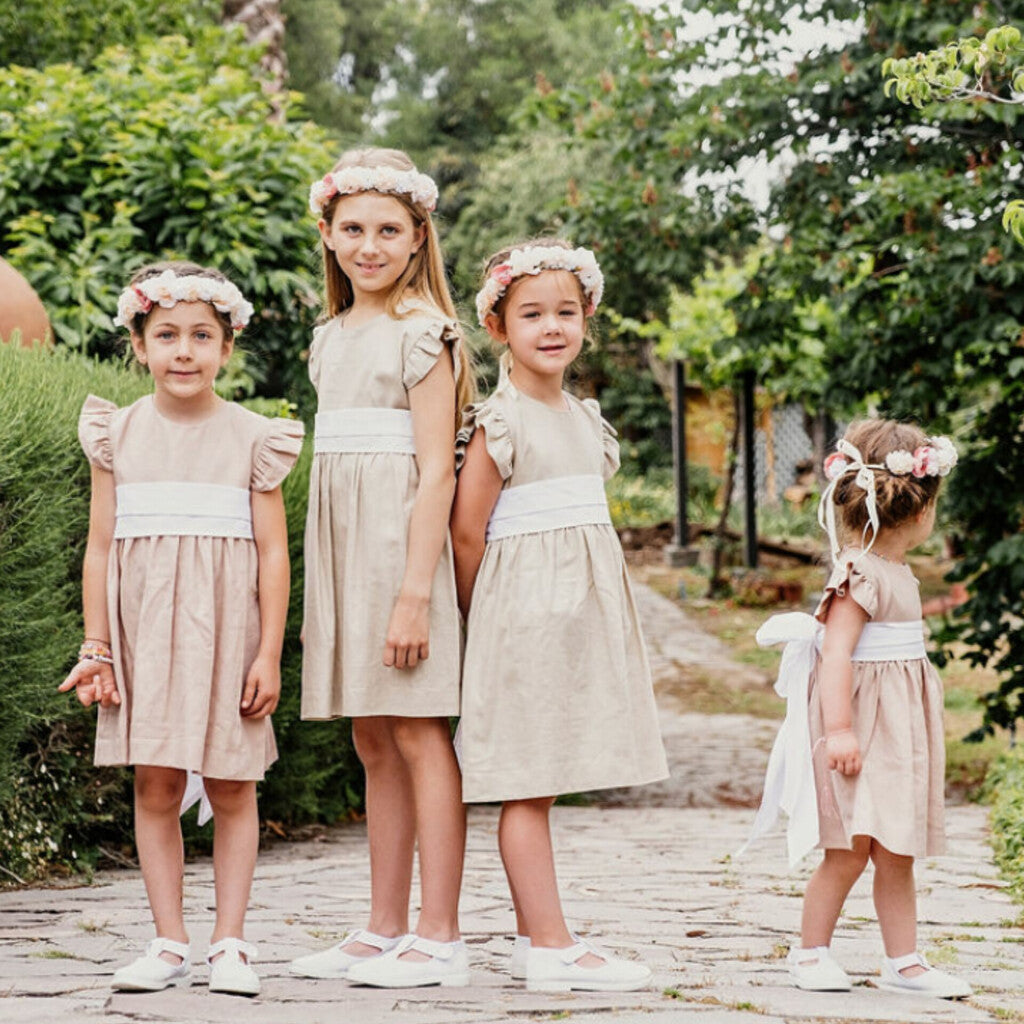 Vestido Lino Palo Rosa Lazo Blanco