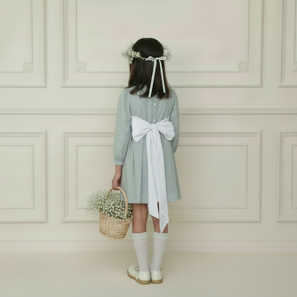 Vestido Lino Gris Lazo blanco Manga Larga