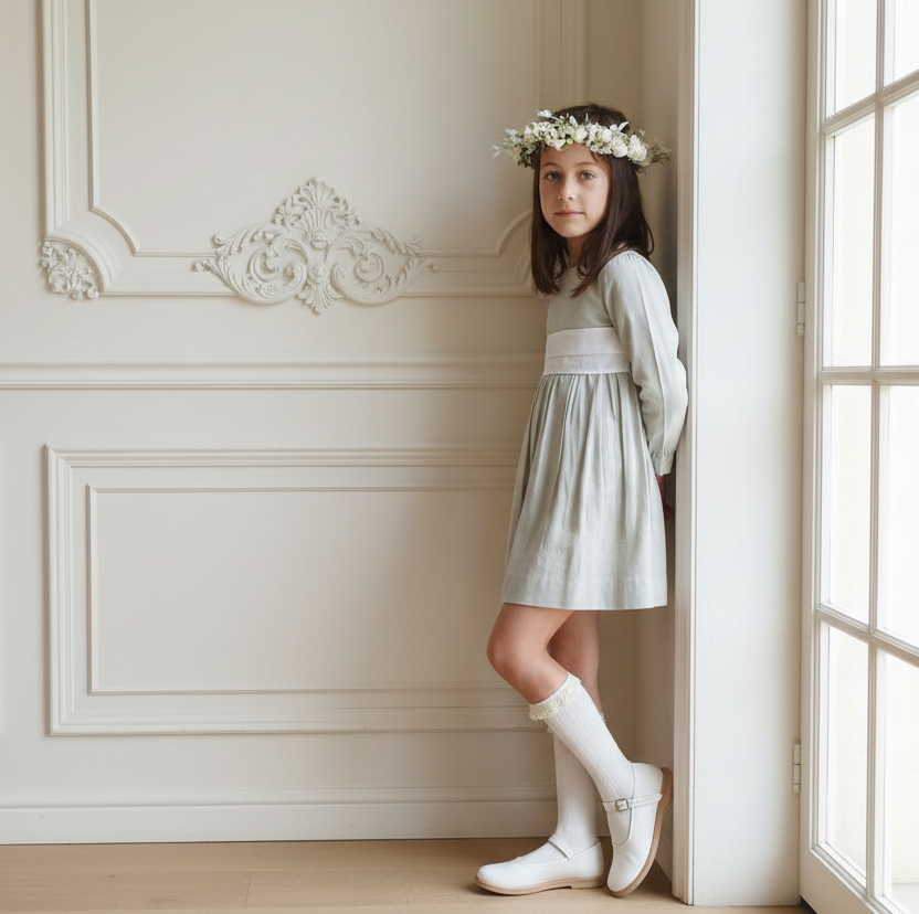 Vestido Lino Gris Lazo blanco Manga Larga