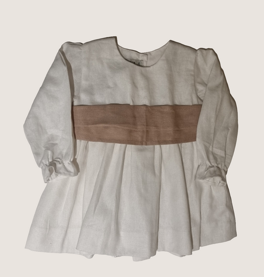 Vestido Lino Blanco Lazo Palo Rosa Manga Larga
