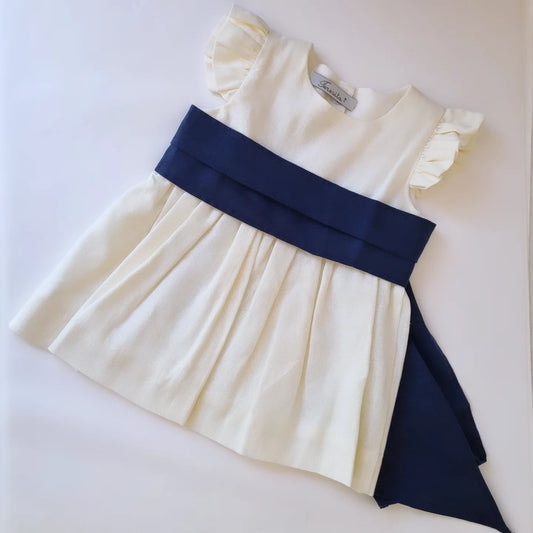 Vestido Lino Blanco Invierno Lazo Azul Marino