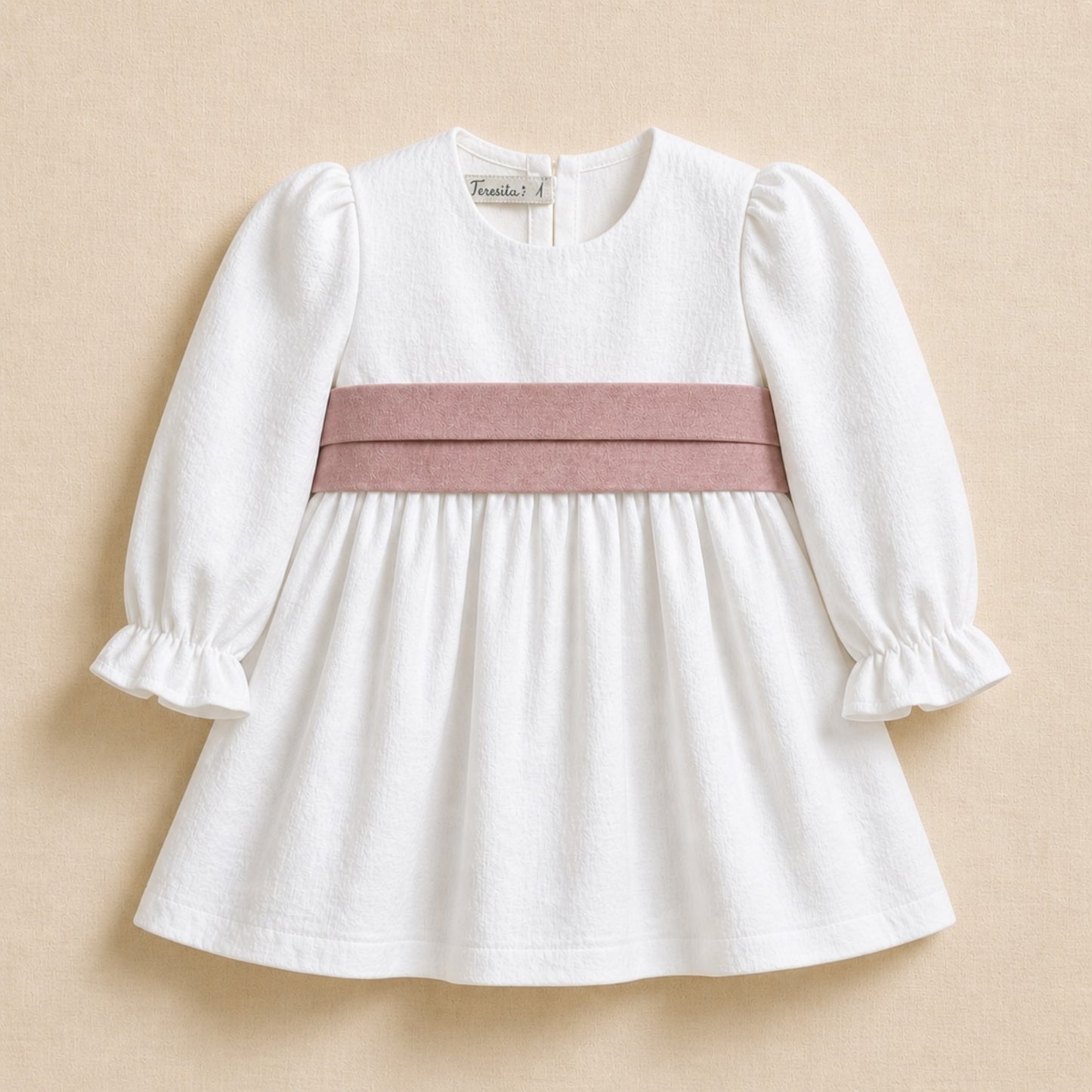 Vestido Lino Blanco Lazo Palo Rosa Manga Larga
