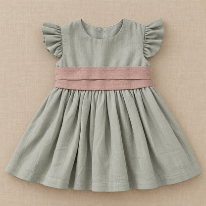 Vestido Clara Gris Lazo Palo Rosa - Manga Vuelos