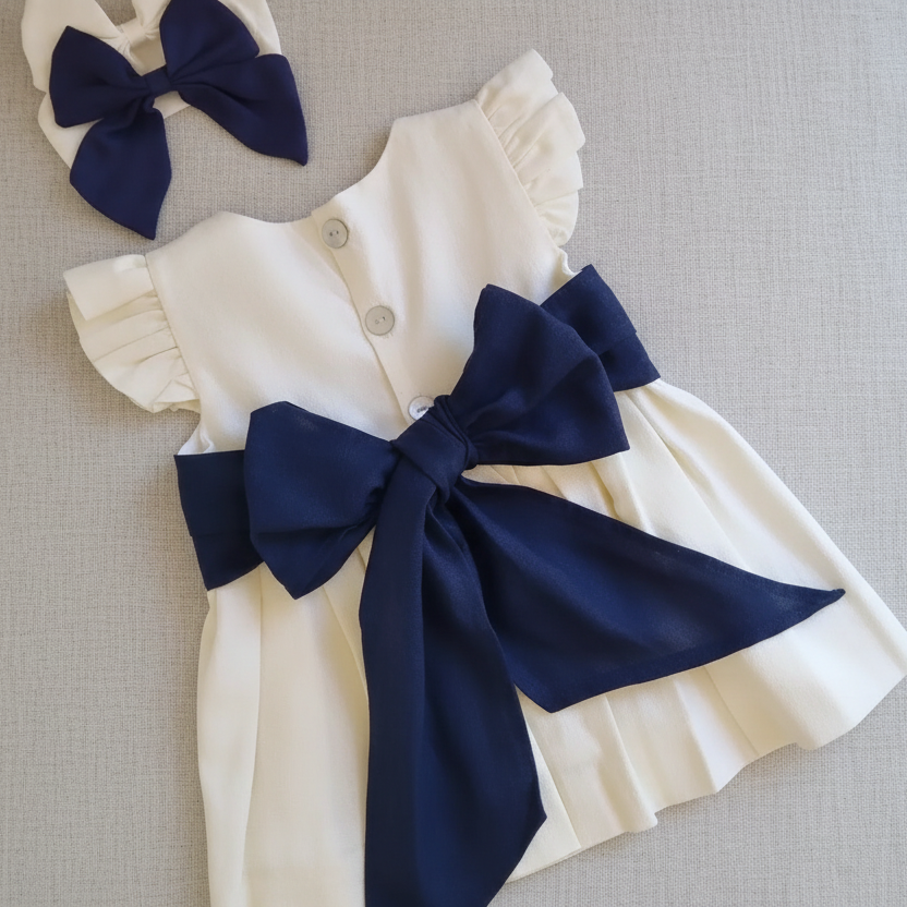 Vestido Lino Blanco Invierno Lazo Azul Marino