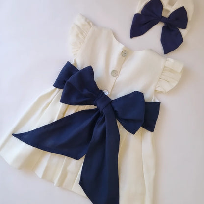 Vestido Lino Blanco Invierno Lazo Azul Marino