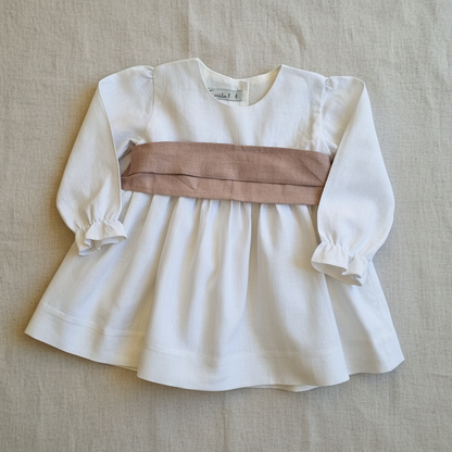 Vestido Lino Blanco Lazo Palo Rosa Manga Larga