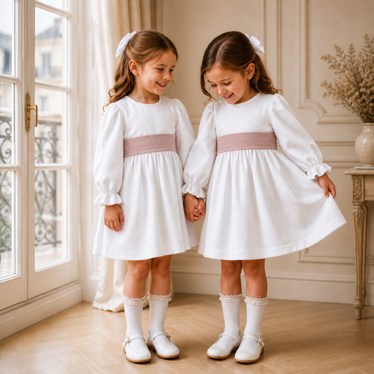Vestido Lino Blanco Lazo Palo Rosa Manga Larga