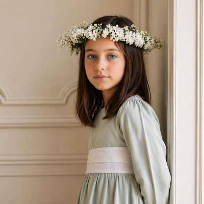Vestido Lino - Gris - Lazo Blanco - Manga Larga