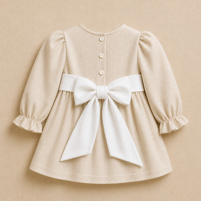 Vestido Lino - Beige - Lazo blanco - Manga larga