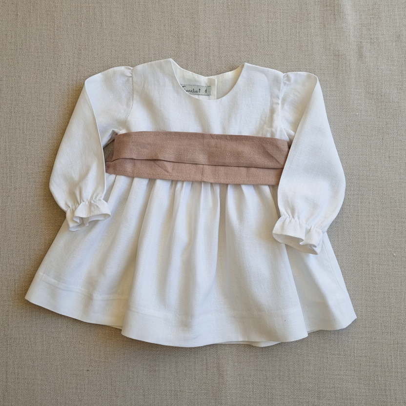 Vestido Lino Blanco Lazo Palo Rosa Manga Larga