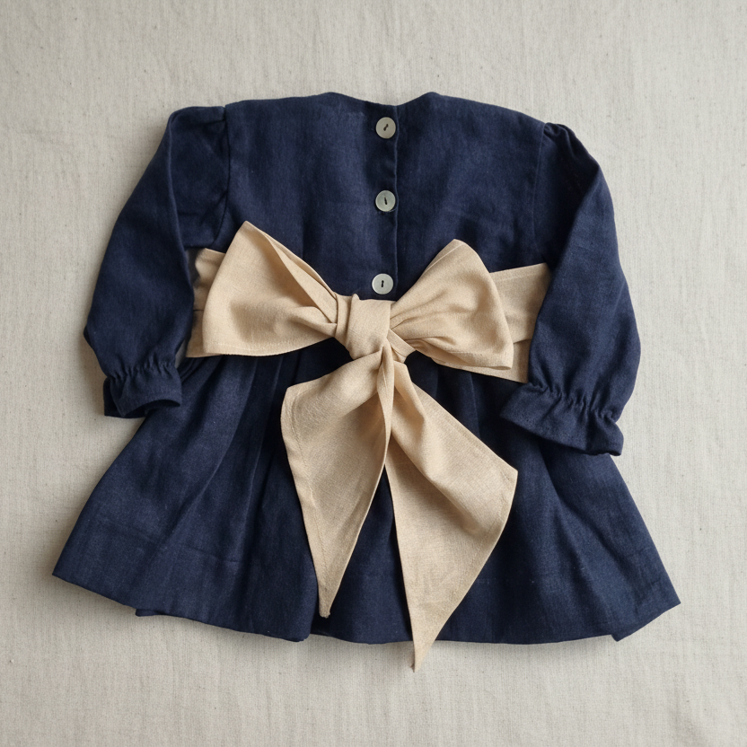 Vestido Lino Azul Marino Lazo Beige Manga Larga