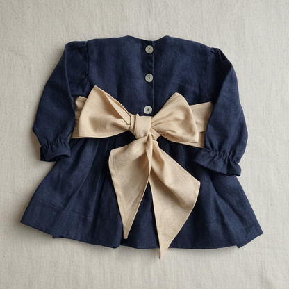 Vestido Lino Azul Marino Lazo Beige Manga Larga