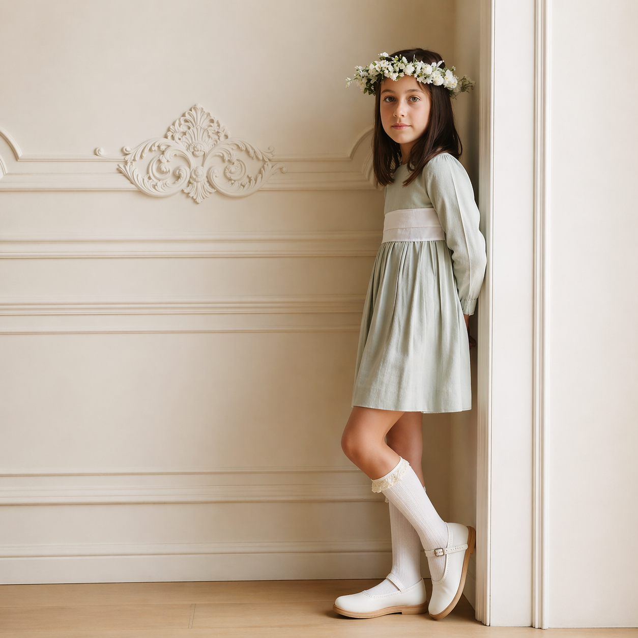 Vestido Lino - Gris - Lazo Blanco - Manga Larga