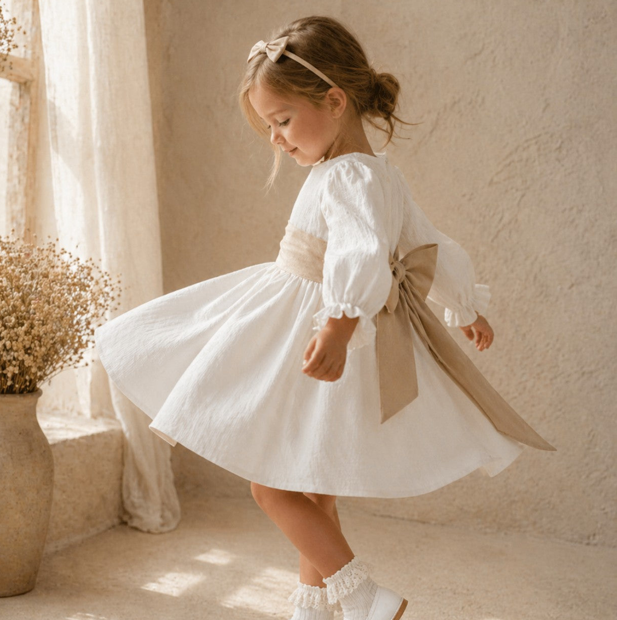 Vestido Lino Blanco Lazo Beige Manga larga