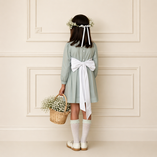 Vestido Lino Gris Lazo blanco Manga Larga