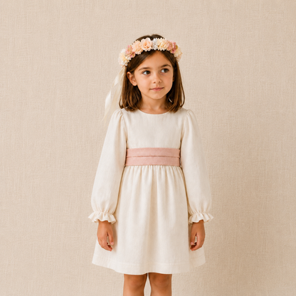 Vestido Lino - Marfil - Lazo Palo Rosa - Manga Larga