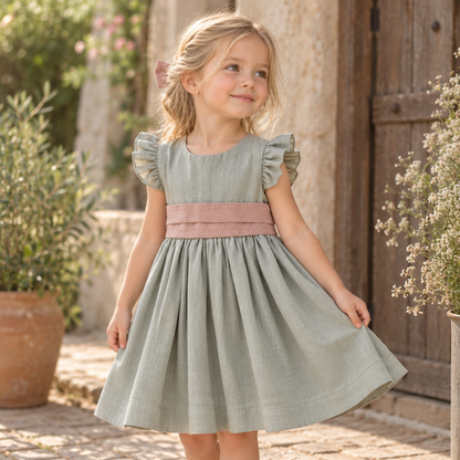 Vestido Clara Gris Lazo Palo Rosa - Manga Vuelos