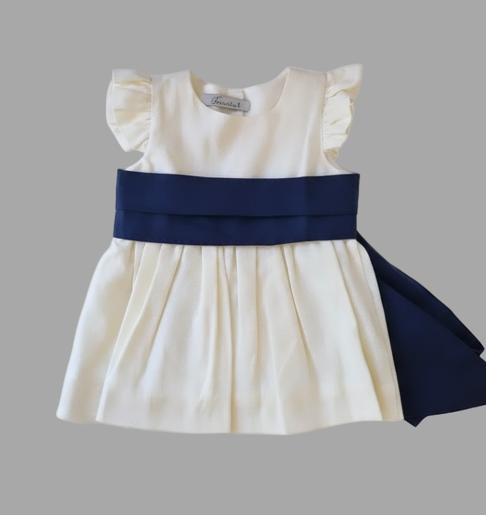 Vestido Lino Blanco Invierno Lazo Azul Marino