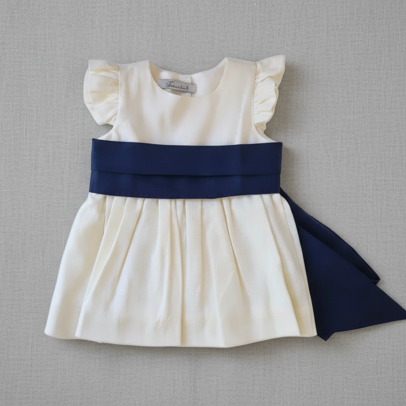 Vestido Lino Blanco Invierno Lazo Azul Marino