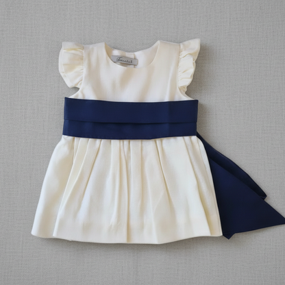 Vestido Lino Blanco Invierno Lazo Azul Marino