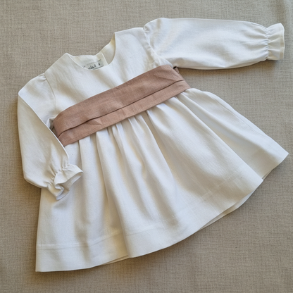 Vestido Lino Blanco Lazo Palo Rosa Manga Larga