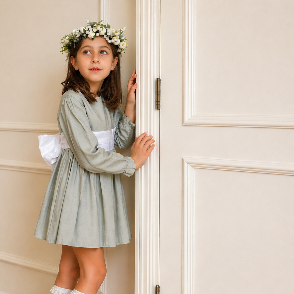 Vestido Lino - Gris - Lazo Blanco - Manga Larga