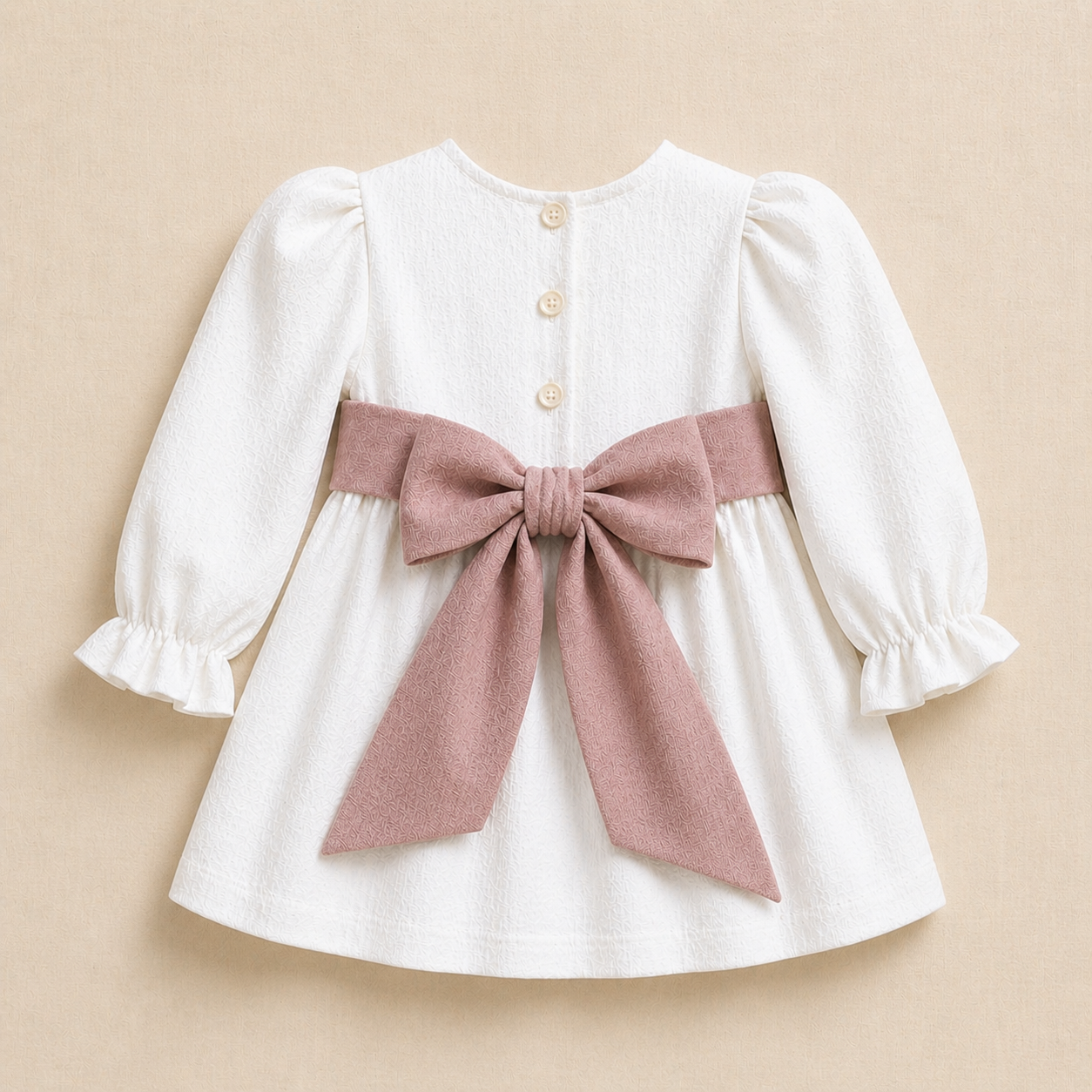 Vestido Lino Blanco Lazo Palo Rosa Manga Larga