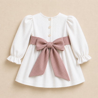 Vestido Lino Blanco Lazo Palo Rosa Manga Larga
