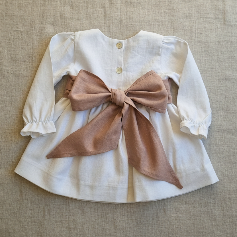 Vestido Lino Blanco Lazo Palo Rosa Manga Larga