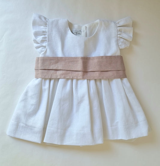 Vestido Lino Blanco Lazo Palo Rosa
