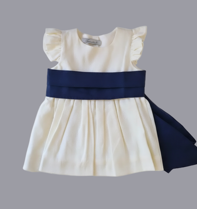 Vestido Lino Blanco Invierno Lazo Azul Marino