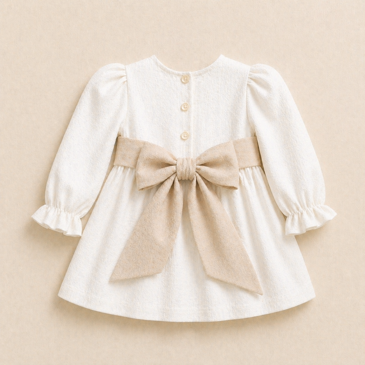 Vestido Lino Blanco Lazo Beige Manga larga