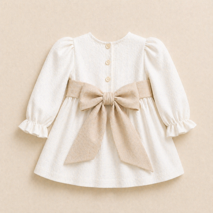 Vestido Lino Blanco Lazo Beige Manga larga