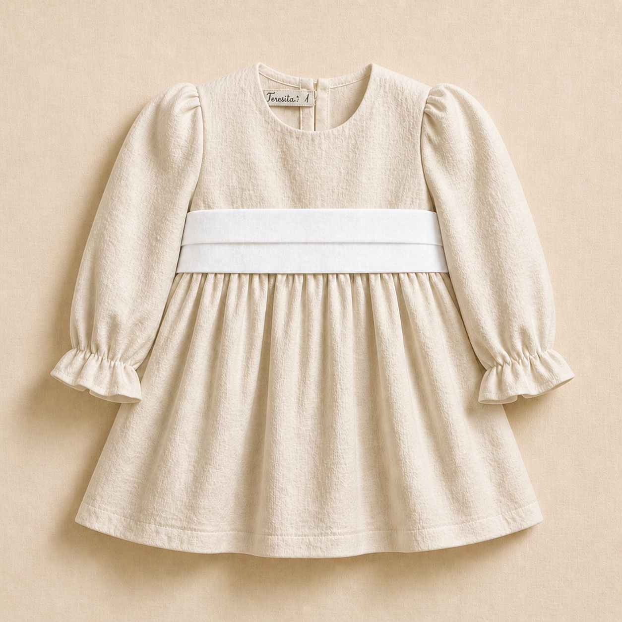 Vestido Lino - Beige - Lazo blanco - Manga larga
