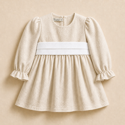 Vestido Lino - Beige - Lazo blanco - Manga larga