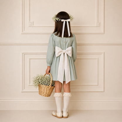 Vestido Lino - Gris - Lazo Blanco - Manga Larga