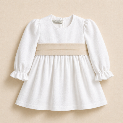 Vestido Lino Blanco Lazo Beige Manga larga