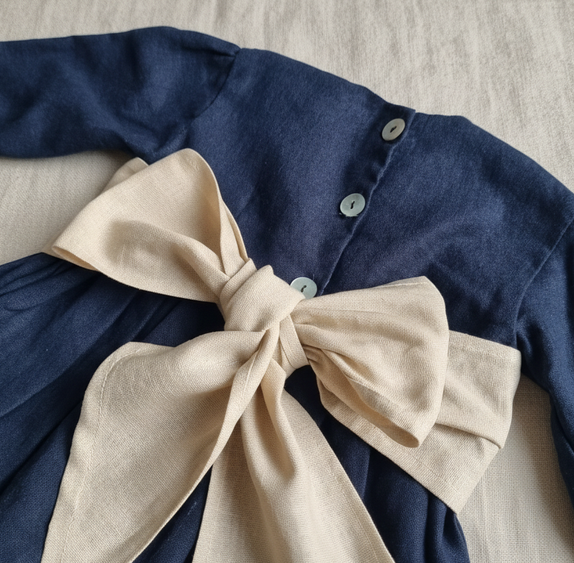 Vestido Lino Azul Marino Lazo Beige Manga Larga