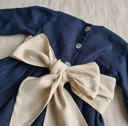 Vestido Lino Azul Marino Lazo Beige Manga Larga