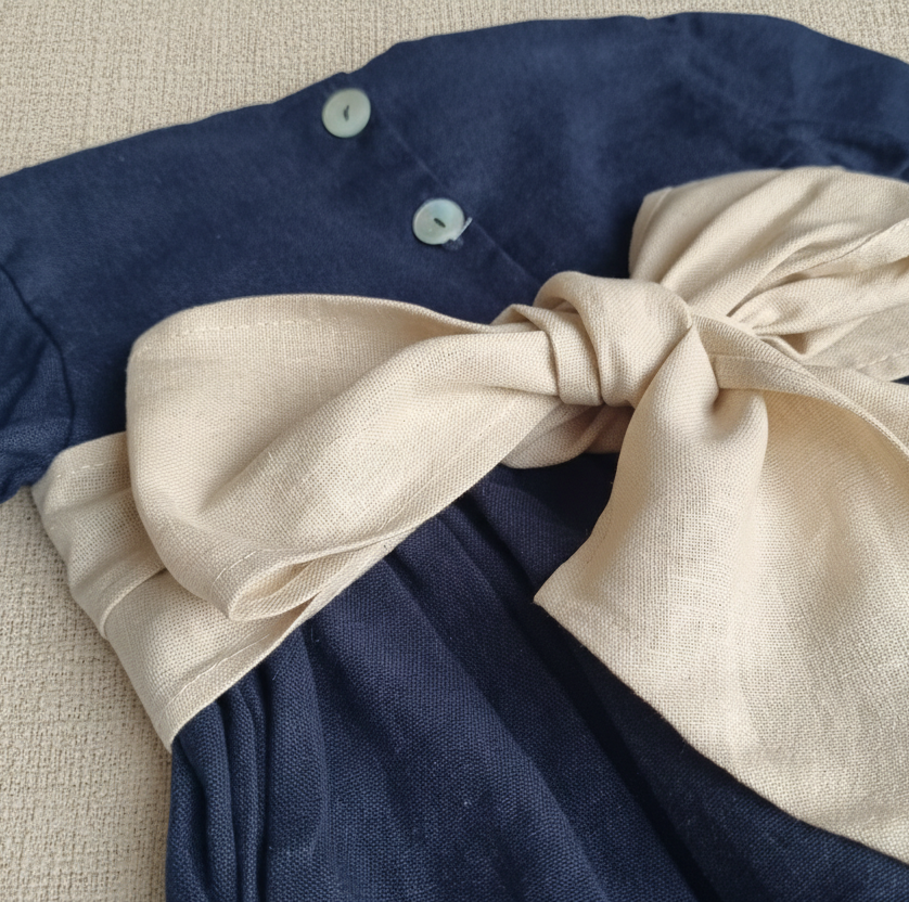 Vestido Lino Azul Marino Lazo Beige Manga Larga