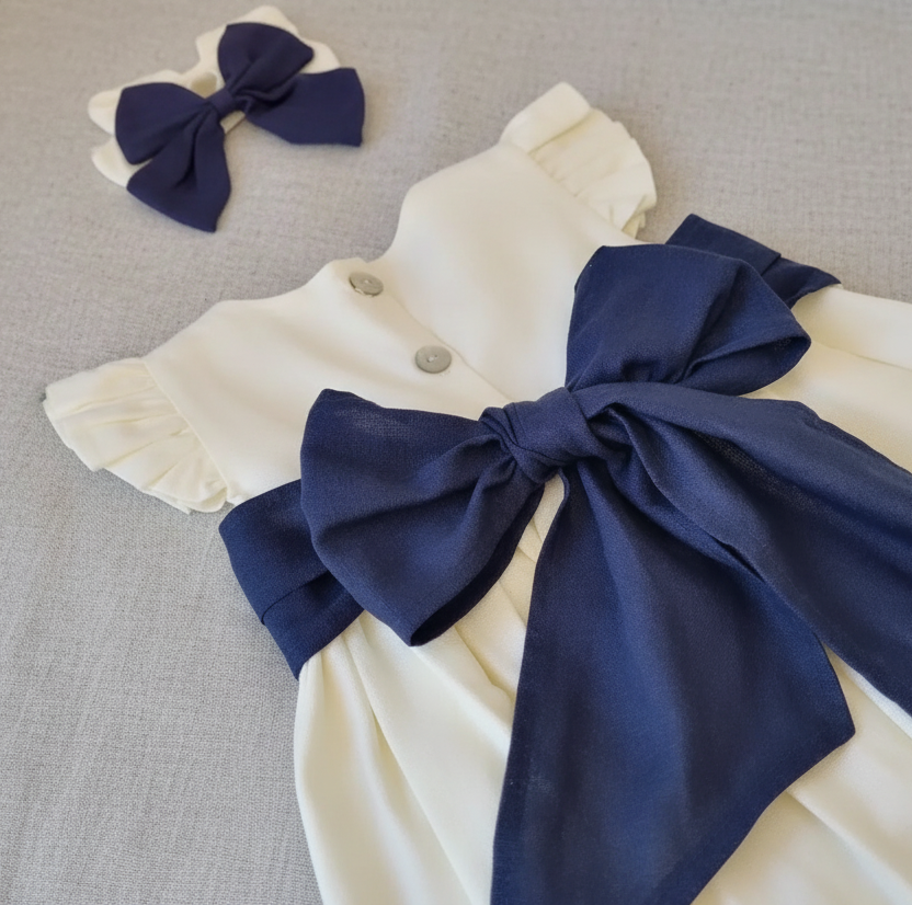 Vestido Lino Blanco Invierno Lazo Azul Marino