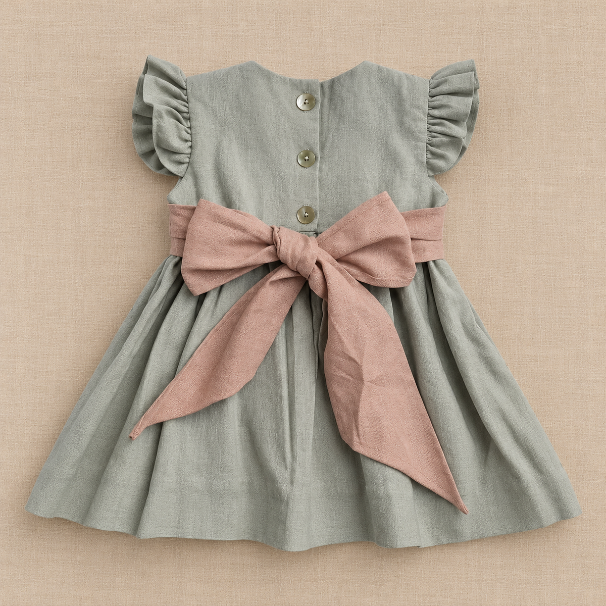Vestido Clara Gris Lazo Palo Rosa - Manga Vuelos