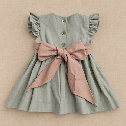 Vestido Clara Gris Lazo Palo Rosa - Manga Vuelos