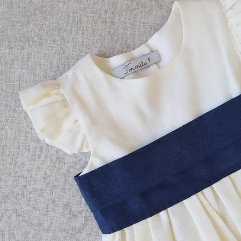 Vestido Lino Blanco Invierno Lazo Azul Marino