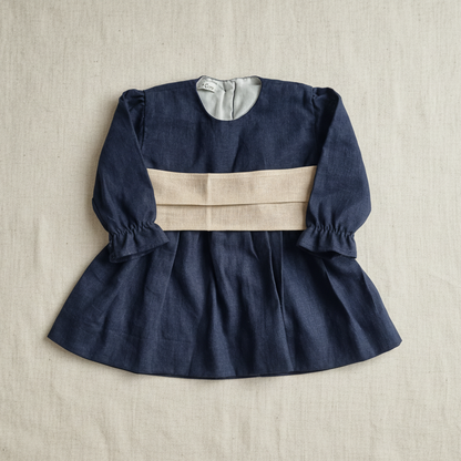 Vestido Lino Azul Marino Lazo Beige Manga Larga