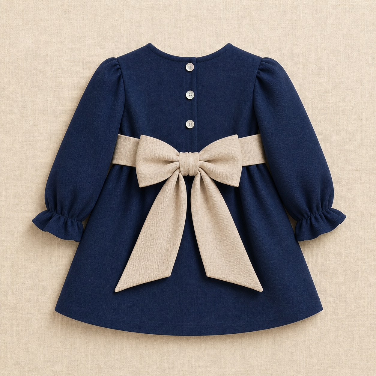 Vestido Clara azul marino con lazo beige y gran lazo trasero