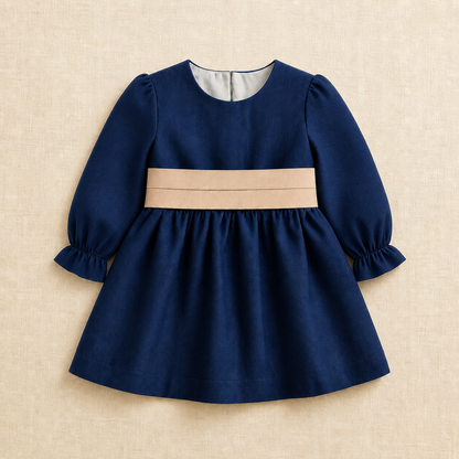 Vestido Clara azul marino con lazo beige, vista delantera