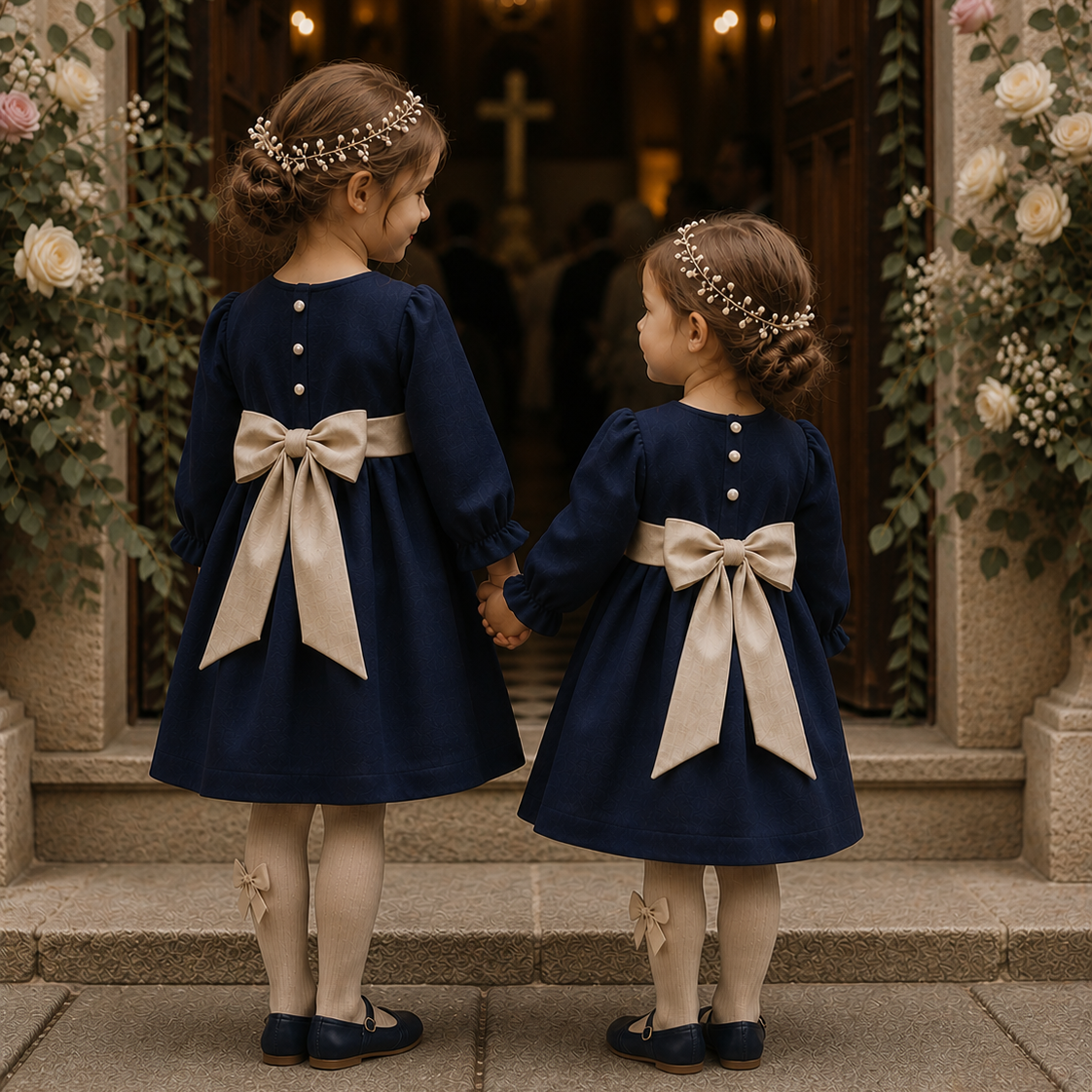 Niñas con Vestido Clara azul marino y lazo beige de Teresita Petite